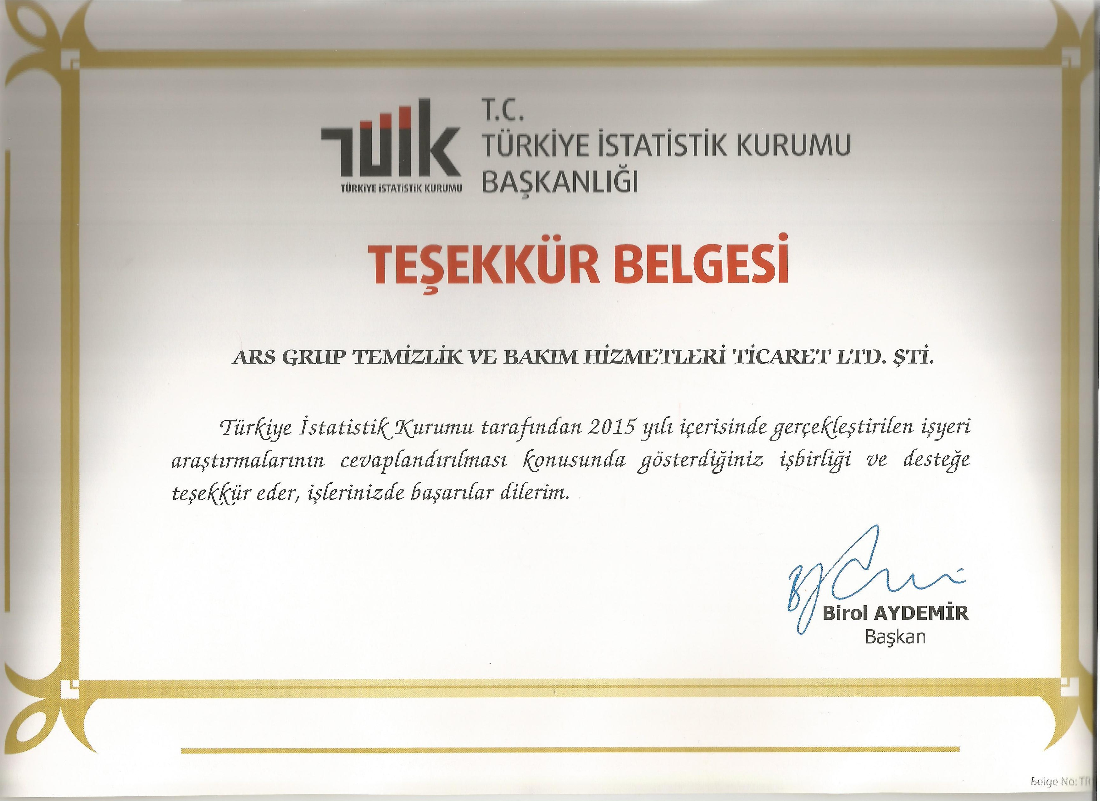 TÜİK Teşekkür Belgesi